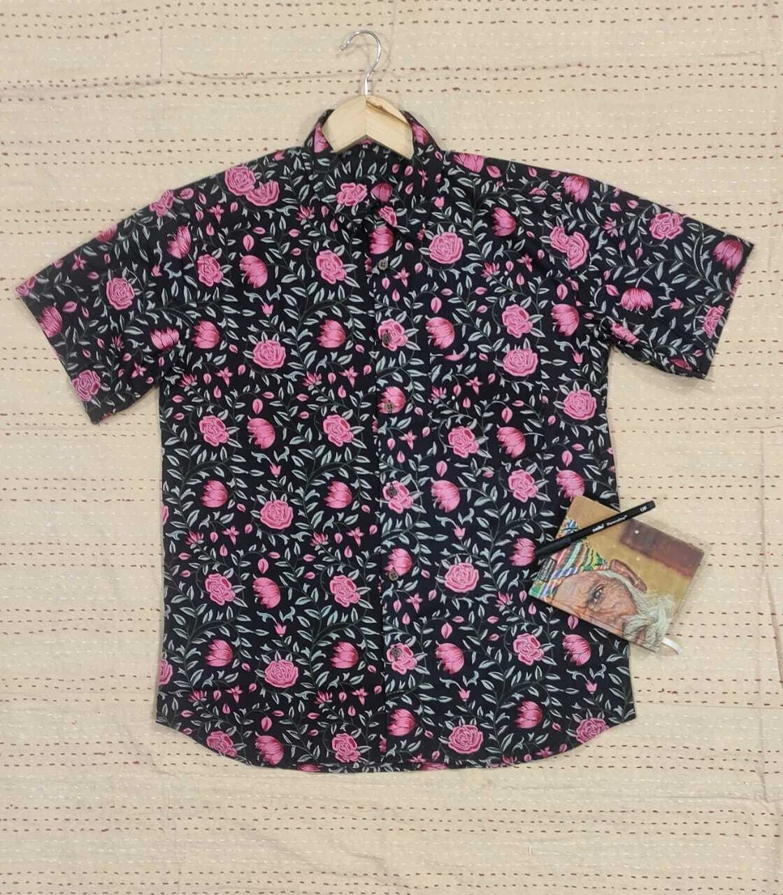 Black Floral Print Cotton Men's Shirt Indian Handmade Boy Party Wear Shirt XL AU