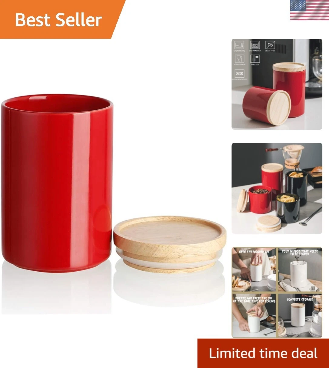 Elegant Stackable Ceramic Kitchen Canisters with Airtight Wooden Lids - 28 Fl Oz