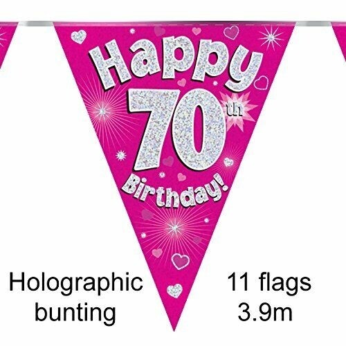 Happy 70th Birthday Holographic Triangular Party Foil Banner Bunting - 70 Pink