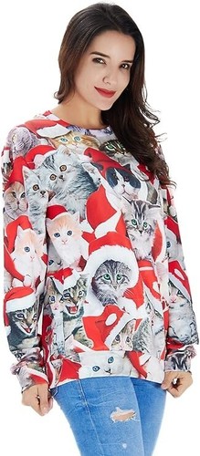 Unisex Cute Ugly Christmas Cat Print Personalized Festival Pullover Sweater Swea - Picture 6 of 6