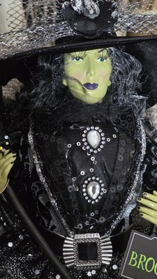 Green Face Halloween Witch in Black Sequins Dress W/Broom Posable Sitting 25''