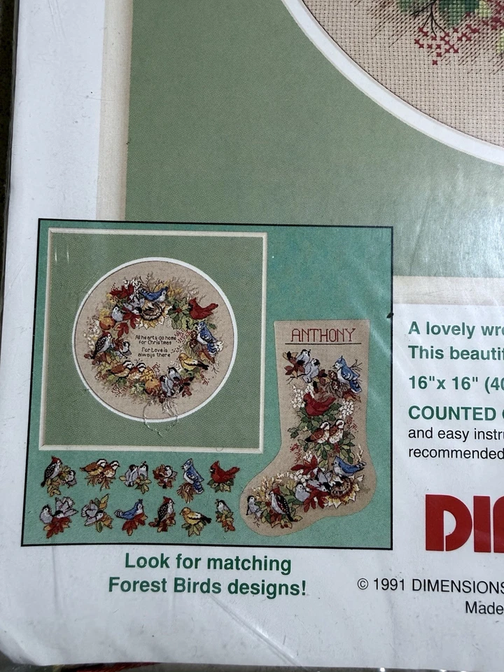 Dimensions Forest Birds Wreath 8413 SEALED 1991 Cross Stitch 16 x 16 Xmas NOS - Image 3 of 4