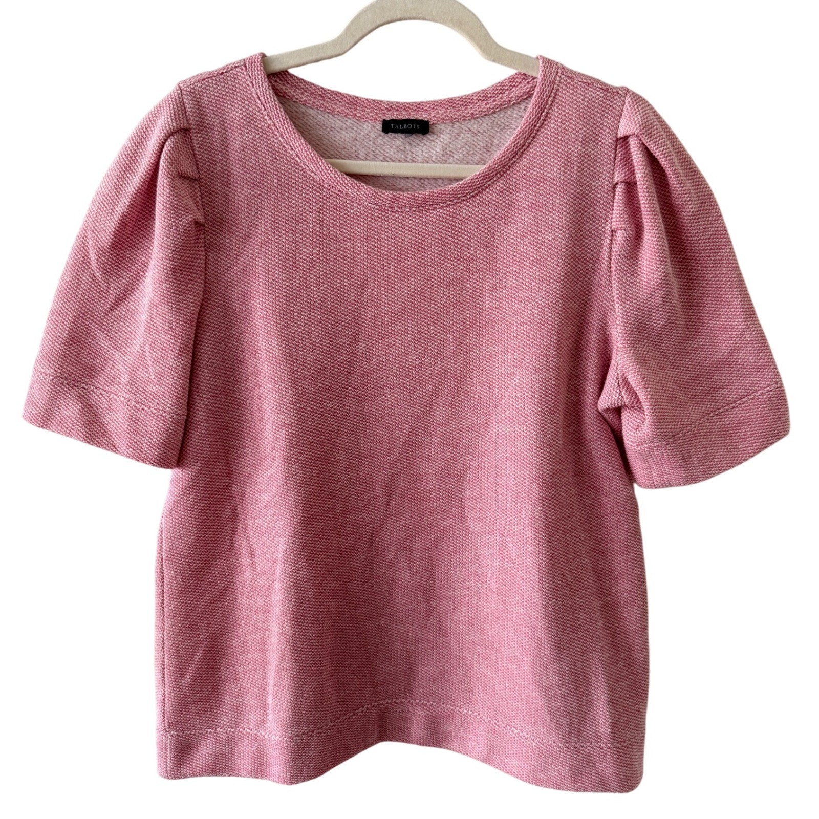 A2 Talbots Pink Textured Knit Top Puff Short Sleeves Crew Neck Casual
