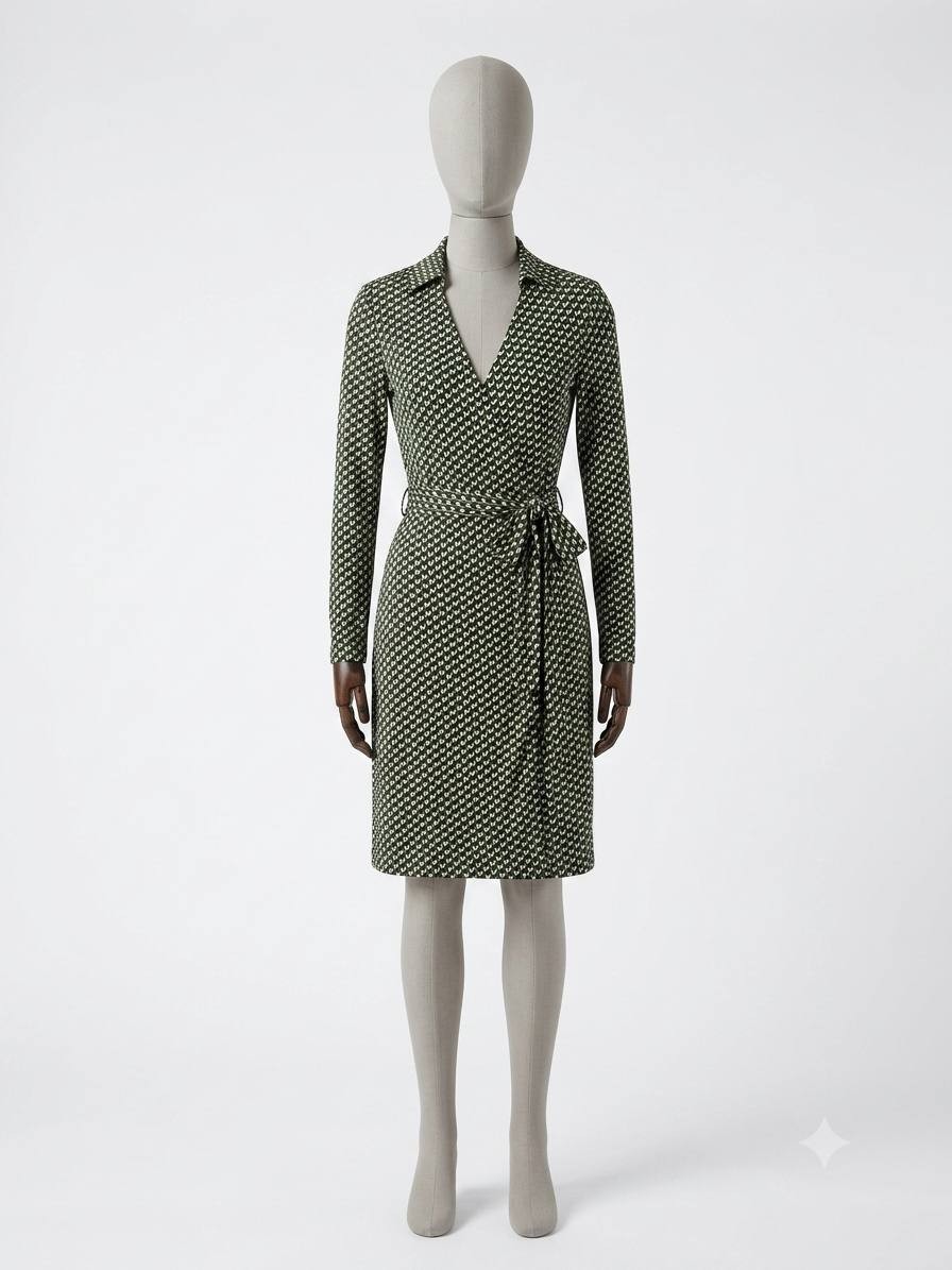 Diane von Furstenberg DVF 100% Silk Wrap Dress Size 2 Green Geometric Geometric