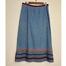 Christopher  Banks Denim Maxi Skirt 12 Ribbon Trim Country Boho Cottage Cotton
