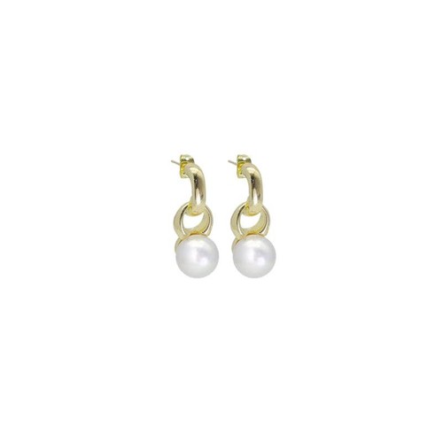 CZ Chunky Gold Link White Pearl Earrings, Sku#ZX188 - Picture 4 of 4