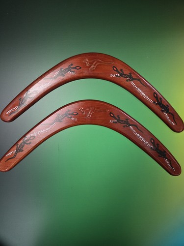2 Wooden Boomerang Hand Crafted Australian Native Aboriginal Artwork