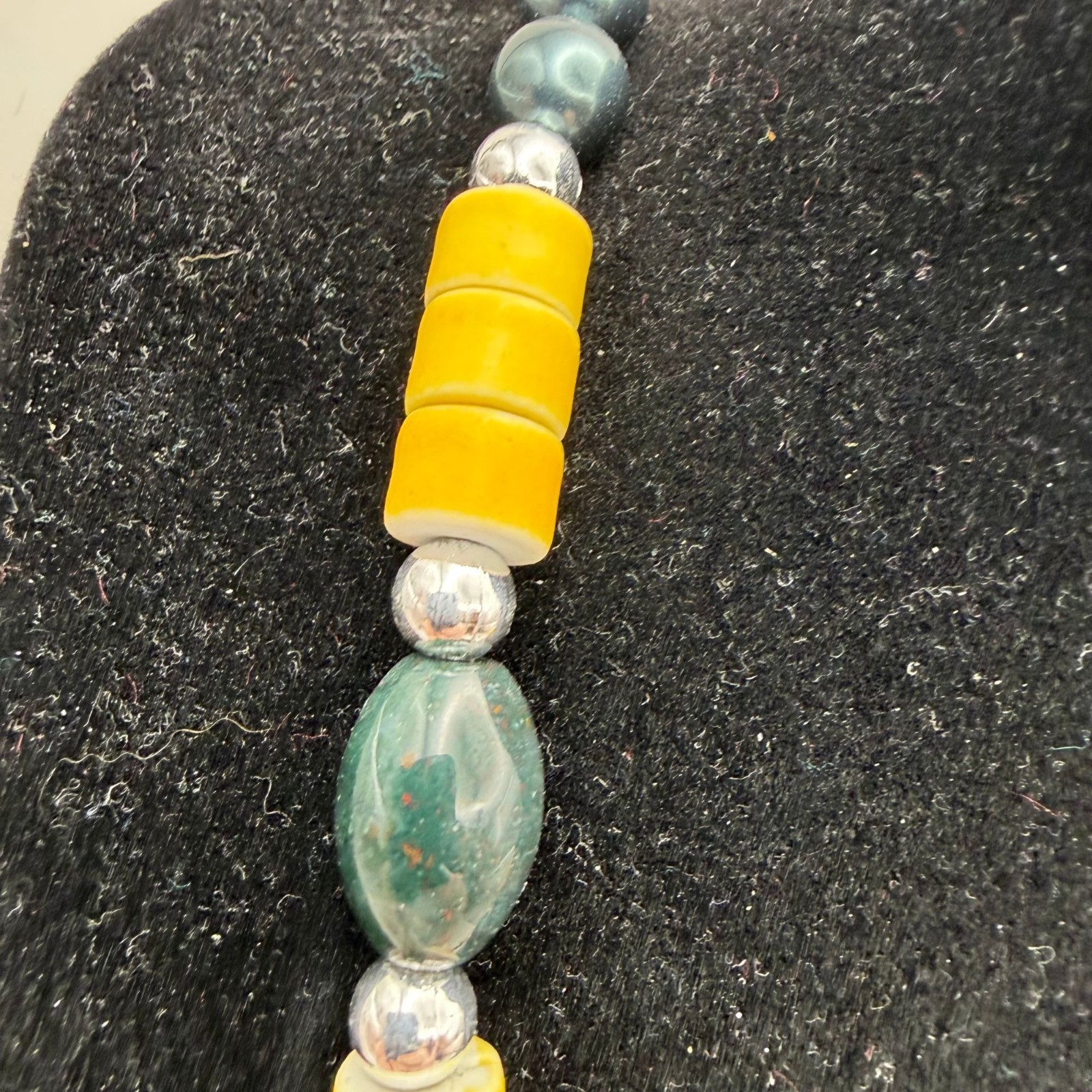 Statement Necklace Green Stone Leaf Carvings Yell… - image 2