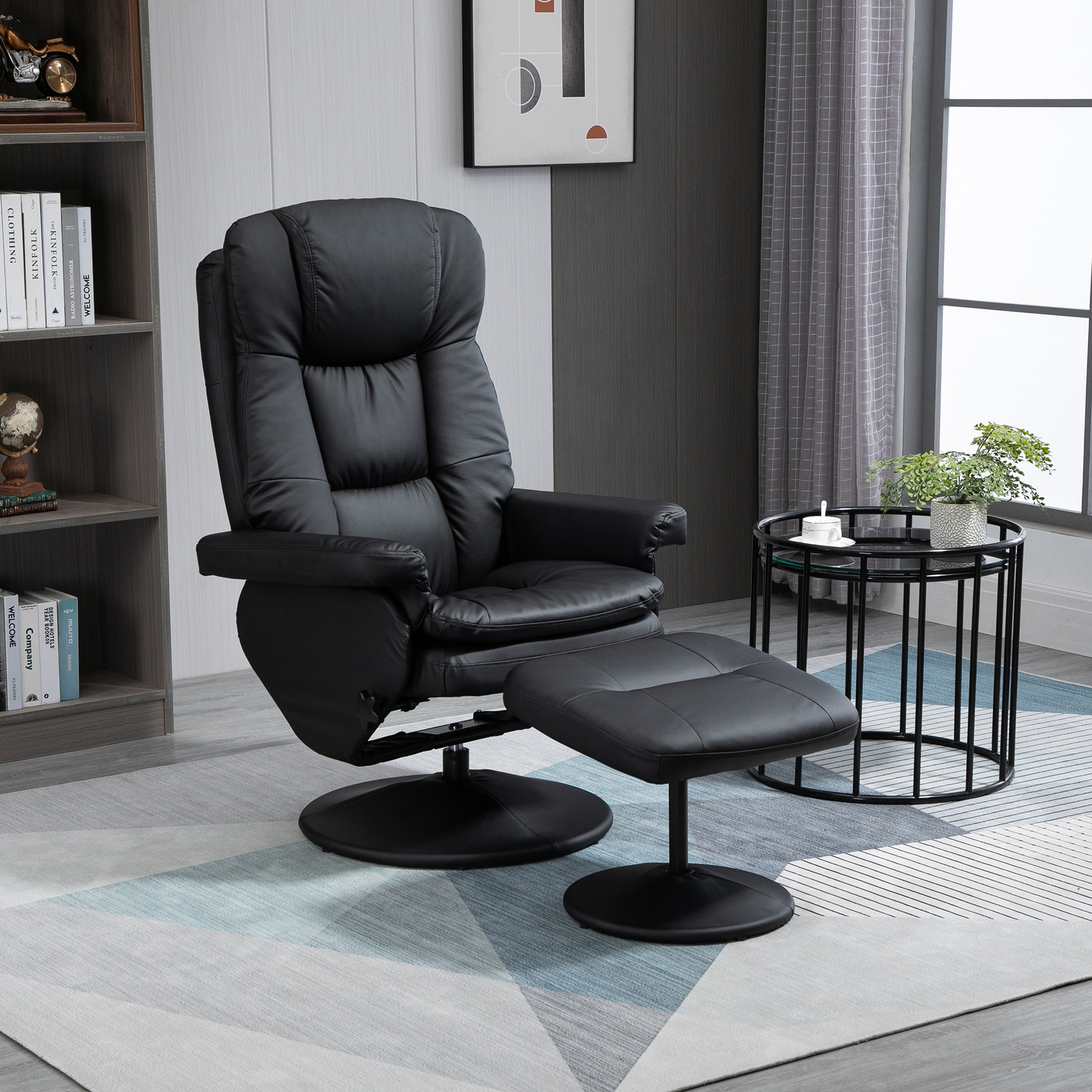 Modern PU Leather Recliner Chair, Living Room Chair w/ Footrest Ottoman, Black