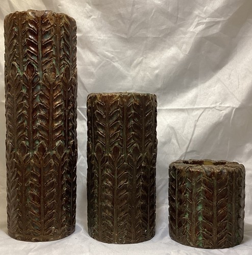 3 Vintage Leaf Brown & Green Pillar Candles 9” 6” 3”