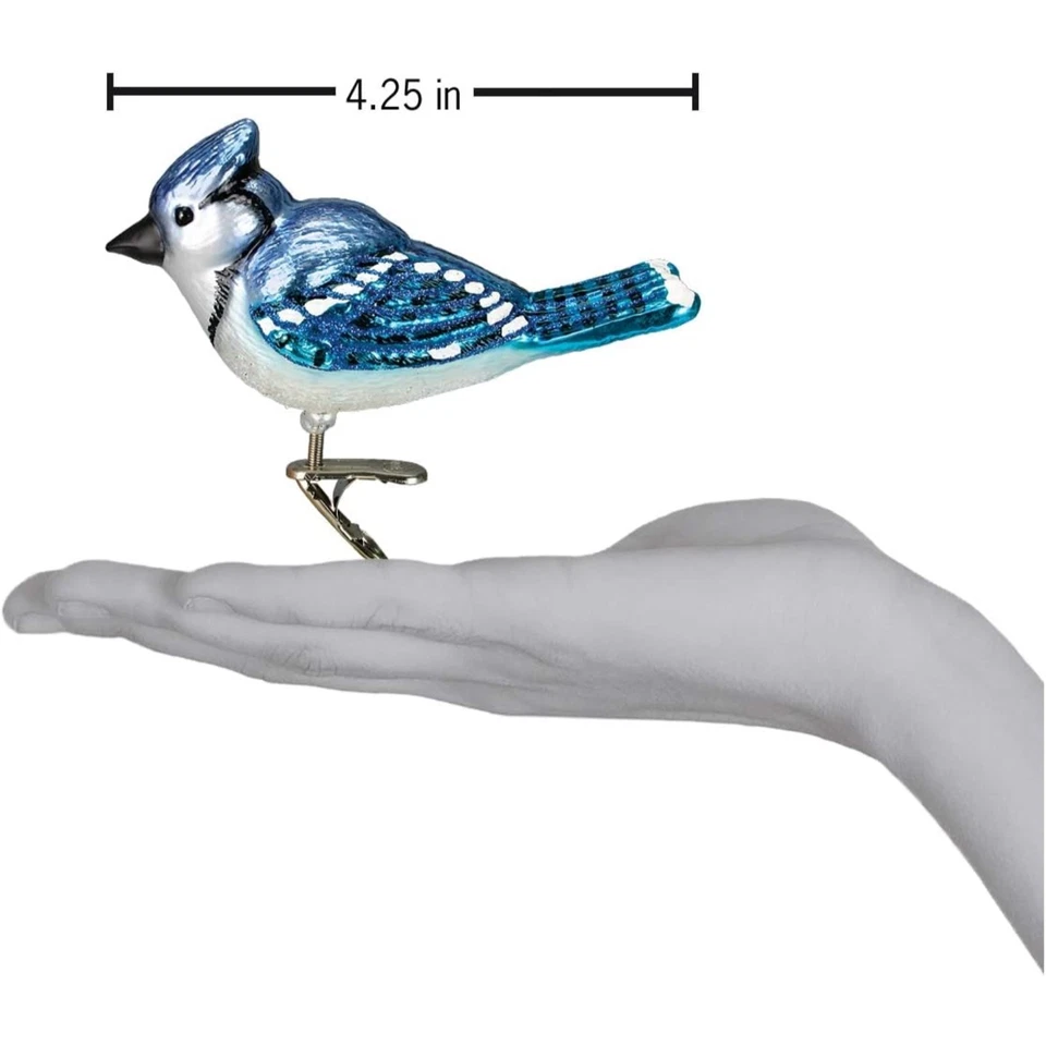 旧世界圣诞亮蓝色杰伊鸟夹式玻璃装饰品 18080 免费盒 — 第 2/4 张图片