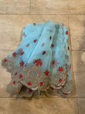 Indian Organza Sheer Blue Dupatta Scarf with Red Floral Design for Women