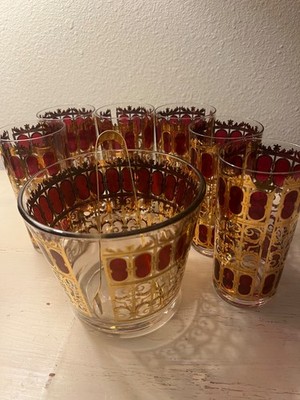 Culver MCM bar set glasses ice bucket gold cranberry scrolls Morocco