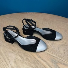 CHANEL Tweed Black Silver Calfskin Cap Toe CC Slingback Pumps Women  s Size 36