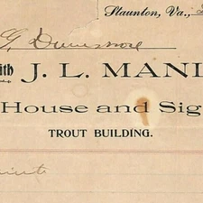 19?? Scarce J.L Manley House Sign Painter Letterhead Billhead Staunton, VA