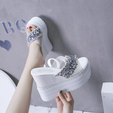 Summer Women Rhinestone Wedges High Heels Slippers Platform Sandals Slides Pumps