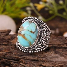 Natural Oval Kingman Turquoise Chunky Ring Sterling Silver Statement Jewelry