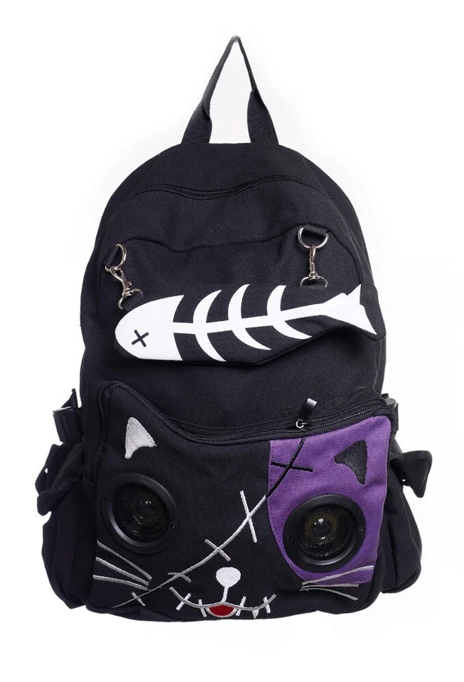 BANNED Apparel Cat Fishbone Speaker gothique chaton unisexe noir violet sac à dos - Photo 1/1