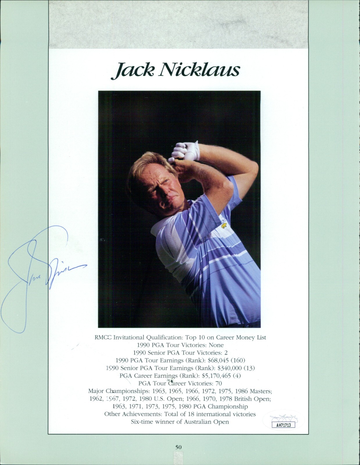Jack Nicklaus Autographed Signed and Gil Morgan 8.5x11 Cut Magazine Page Photo JSA Authentic 