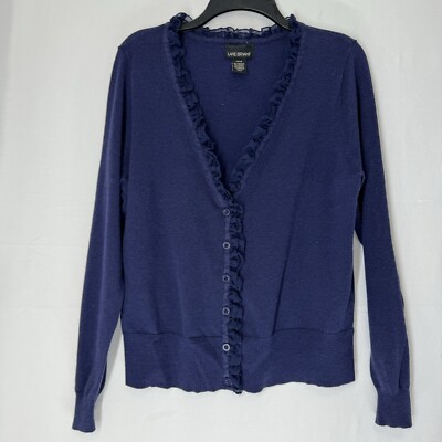 Lane Bryant Sweater Blouse 14/16 Womens Shirt Blue Frilly Neck Button Up Long Sl