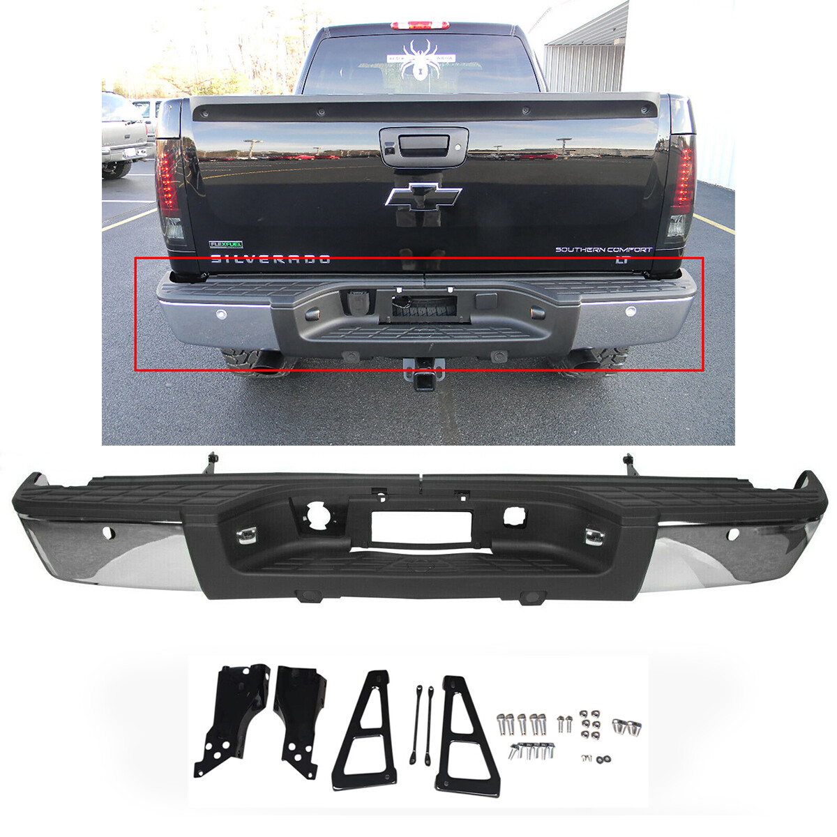 Chrome Rear Bumper for 07-13 Chevy Silverado GMC Sierra 1500 w/Park Aid Sensors