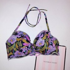 Victoria Secret Swim Bikini Top 36C Lined Cups Floral Black Purple Stitched Halt
