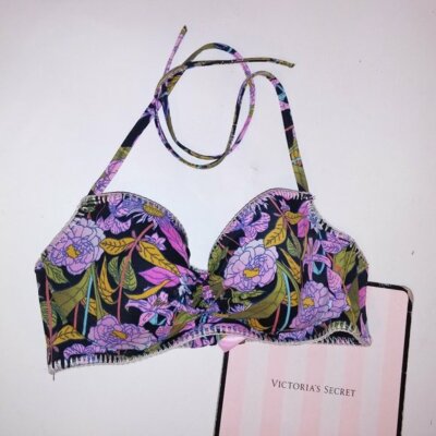 Victoria Secret Swim Bikini Top 36C Lined Cups Floral Black Purple Stitched Halt