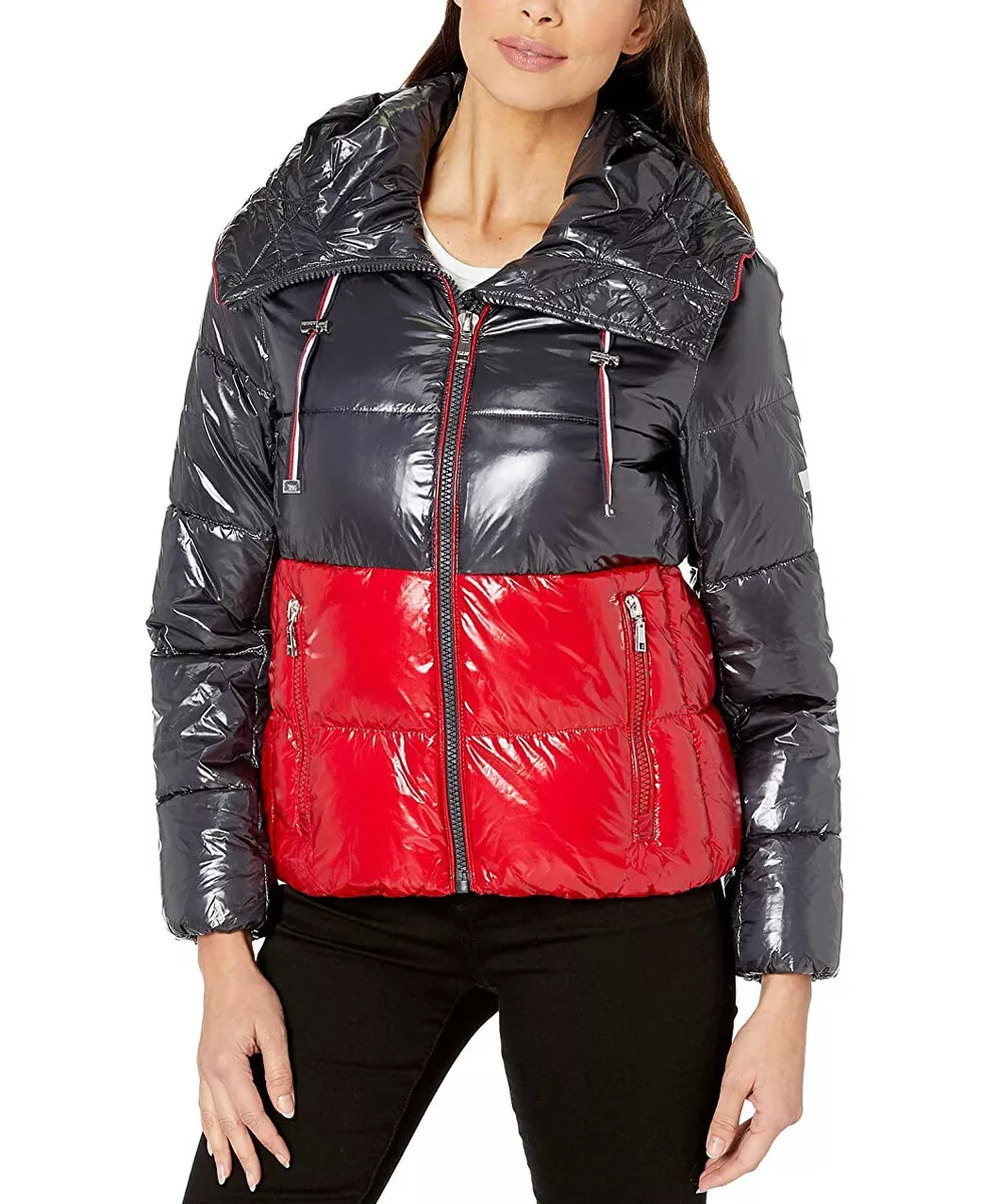 reparere Hører til barm Tommy Hilfiger Women&#039;s Navy/Red Shiny Block Quilted Hooded Puffer  Jacket $220 | eBay