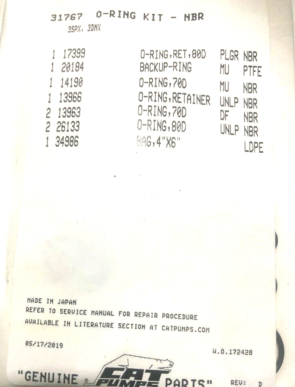 Cat Pumps 31767 Unloader ORing Kit OEM for CAT 3DNX 3SPX Cat Pumps eBay