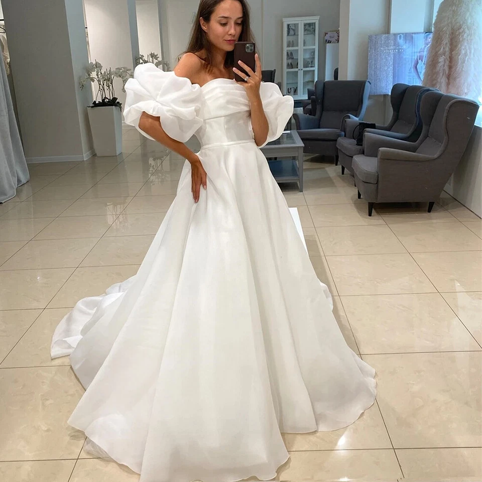 Princess Organza Wedding Dresses Puffy Sleeves White Ivory A Line Bridal Gowns - Image 2 of 4