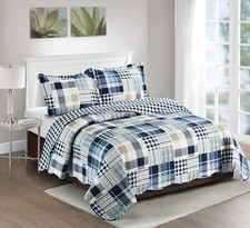 Blue Plaids and Stripes Patchwork, 3-Piece Quilt Set with 2 Shams, Reversible...