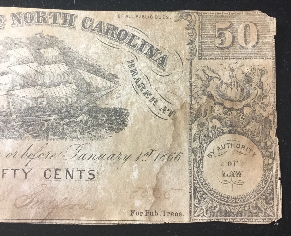 1862 North Carolina 50C Fifty Cent Obsolete Currency CR91 - Image 3 of 4