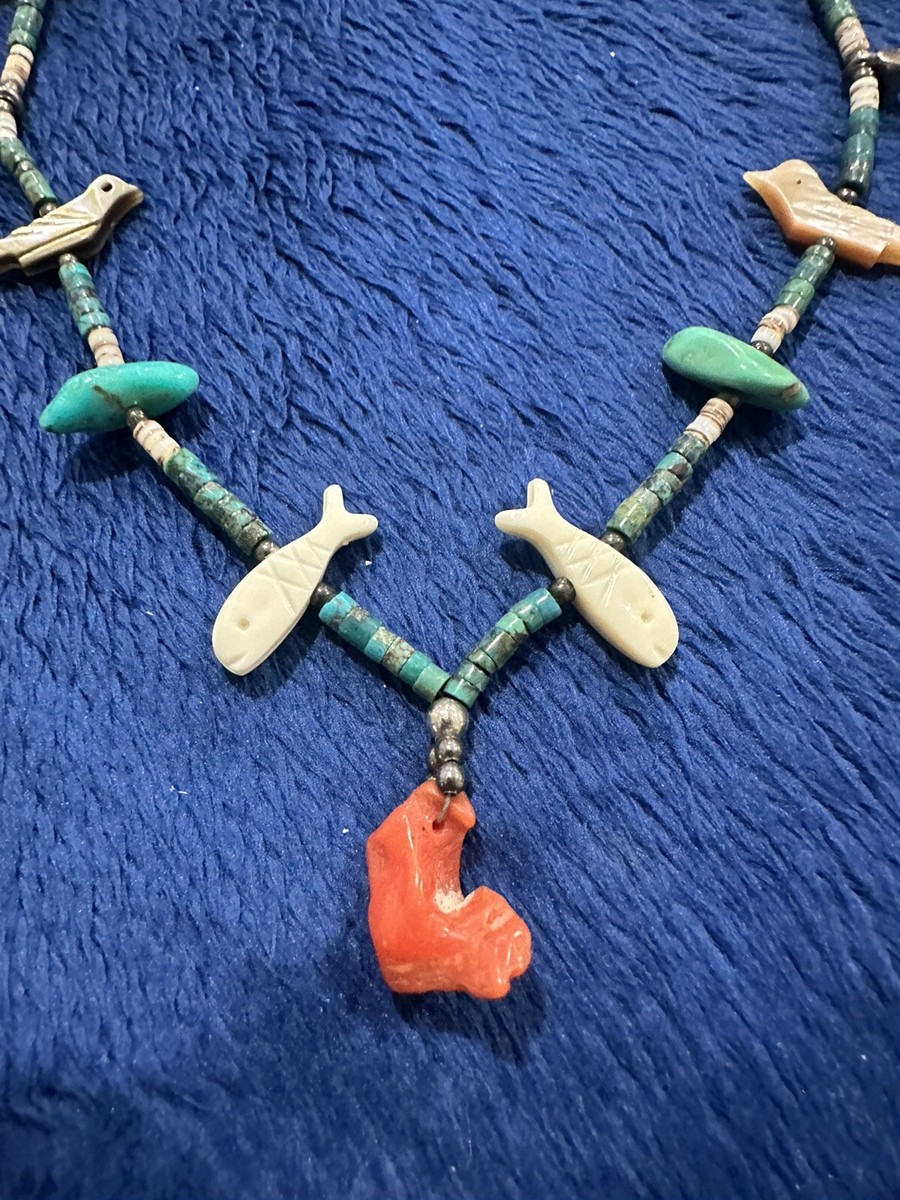 Vtg Navajo NA Sterling Silver 925 Turquoise MOP Red Coral Fetish