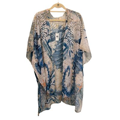 Just Classic Sunny Cardigan Womens Blue Cream Silk Blend Kimono Sea Horse NWT