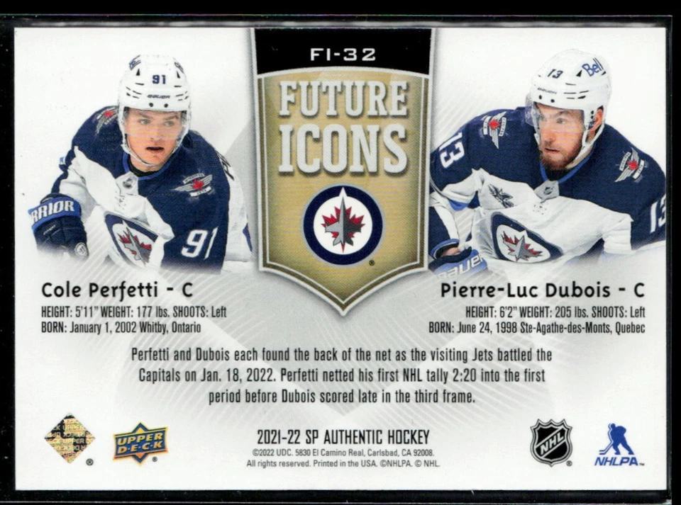 2022-23 SP Authentic Future Icons Cole Perfetti / Kyle Connor 206/399 #FI-32 - Image 2 of 2