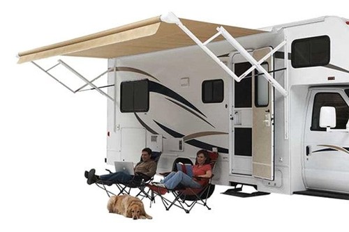Vinyl Fabric for RV Patio Awnings 18'W x 8'Ext. Black & Gray Dune Stripe - Picture 2 of 2