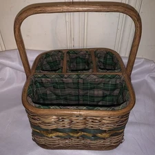 Wicker Basket Picnic barbecue utensil caddy Green Lining