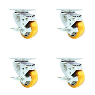 3.5 Inch Yellow Polyurethane Wheel Swivel Top Plate Caster Set with Brake SCC