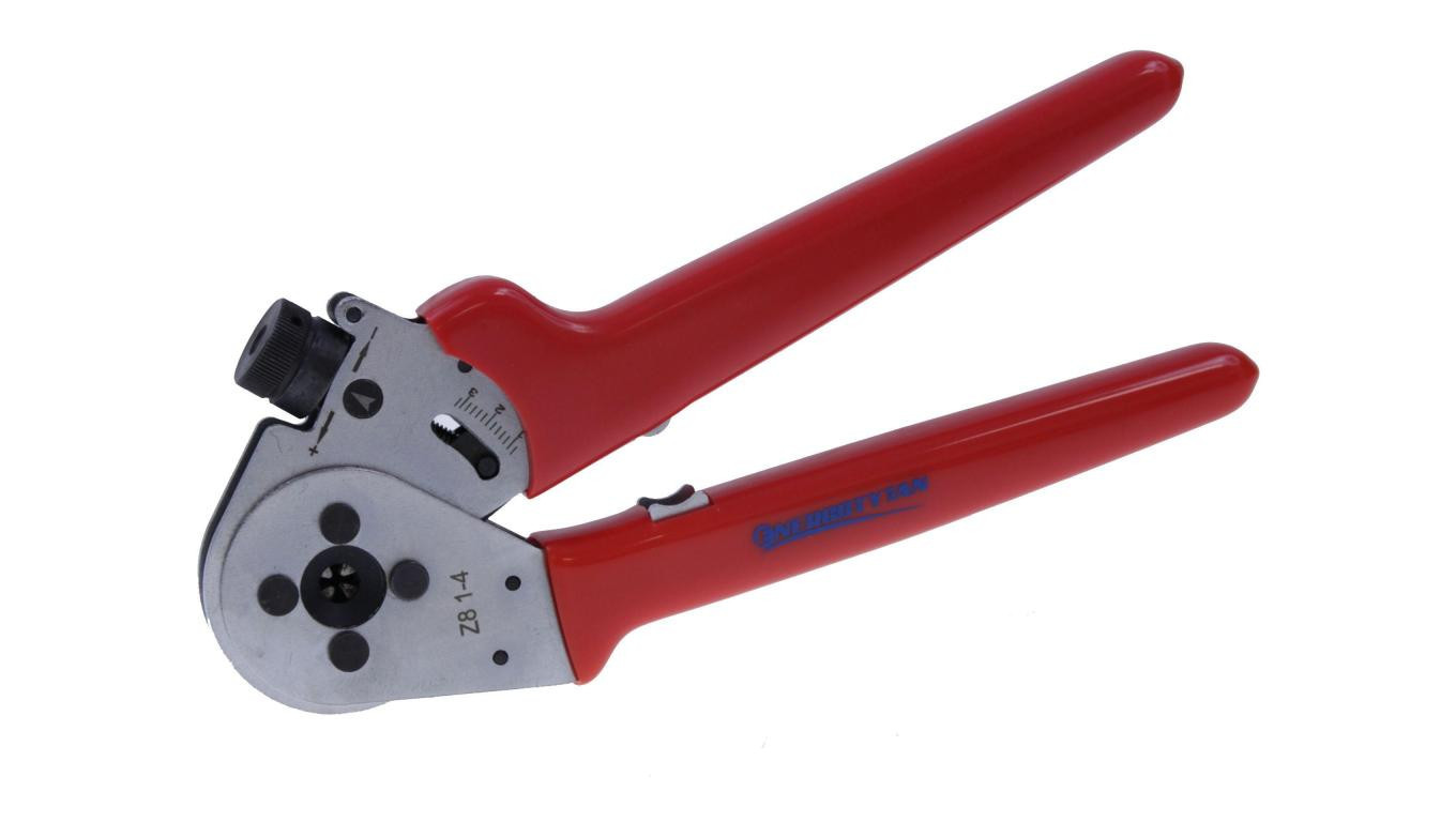 Crimping machine with a four-pin die for crimping round plug-in contacts  /T2UK