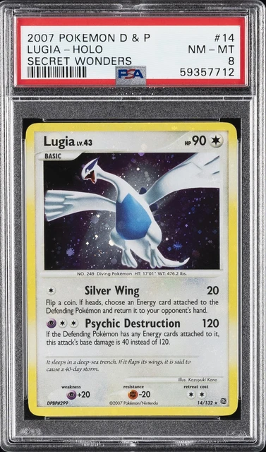2007 POKEMON DIAMOND & PEARL SECRET WONDERS #14 LUGIA-HOLO PSA 8