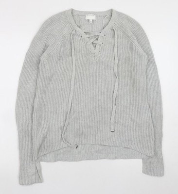 Witchery Damen Strickpullover grau Baumwolle Schnürung V-Ausschnitt Größe S
