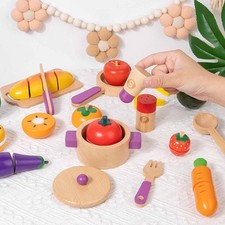 Fruit Veggies Cutting Set Kids for Boys Girls Wooden Play Food for Toddlers