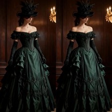 Vintage Green Victorian Prom Dresses Off Shoulder Lace Appliques Evening Gowns
