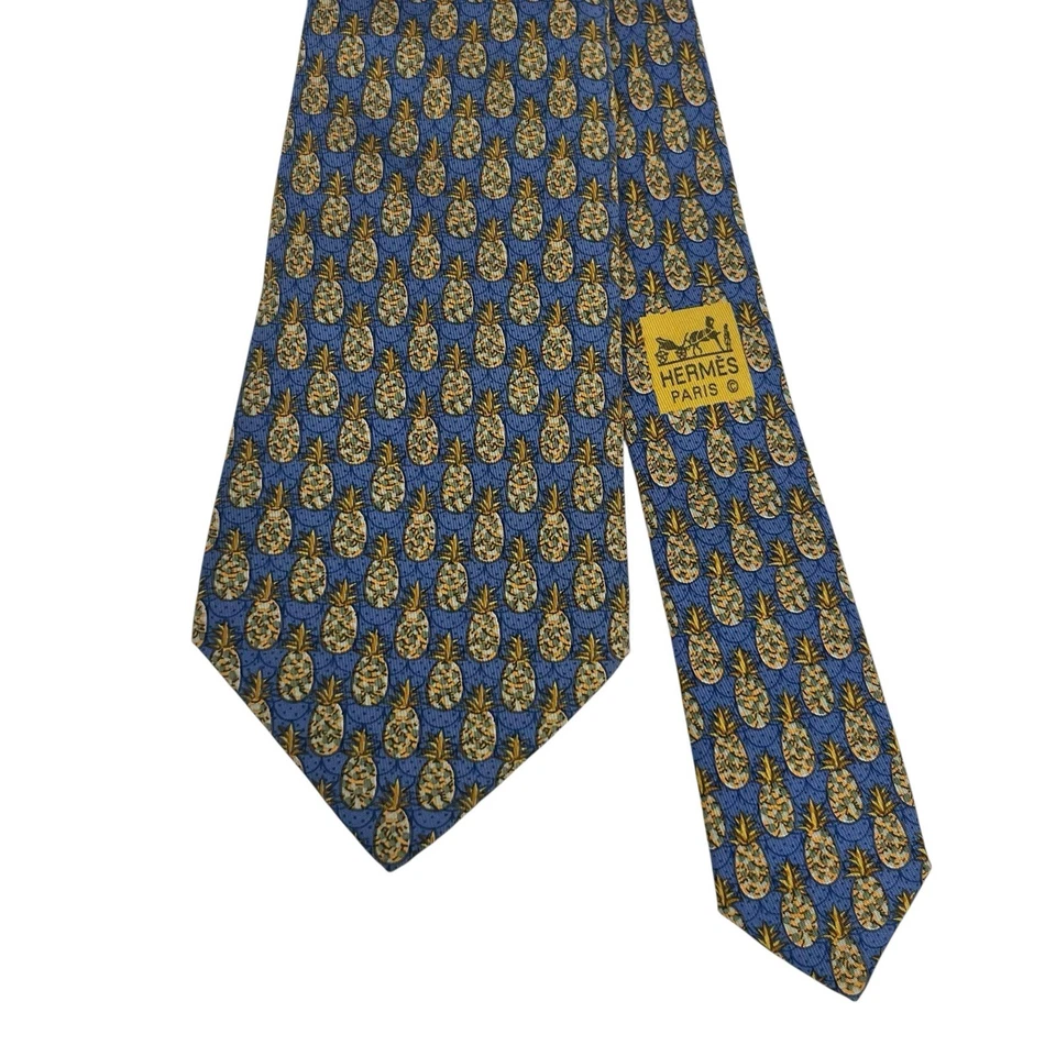Hermes мужской галстук ананасы фрукты синий атлас шелк 7612 TA 3,5» (W) x 57» (L) guc - Изображение 2 из 4