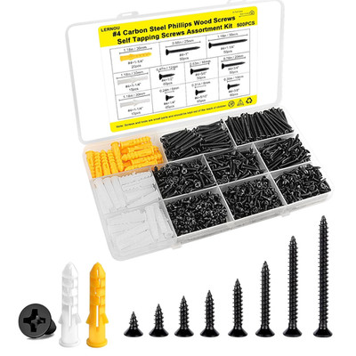 #4 Wood Screws Assortment Kit, Small Screws Set 500Pcs, Short Cabinet Screw, Phi