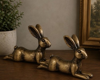 TWO Antique Gold Bunny Rabbit Bookends Vintage Style Bookends Figurines