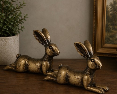 TWO Antique Gold Bunny Rabbit Bookends Vintage Style Bookends Figurines