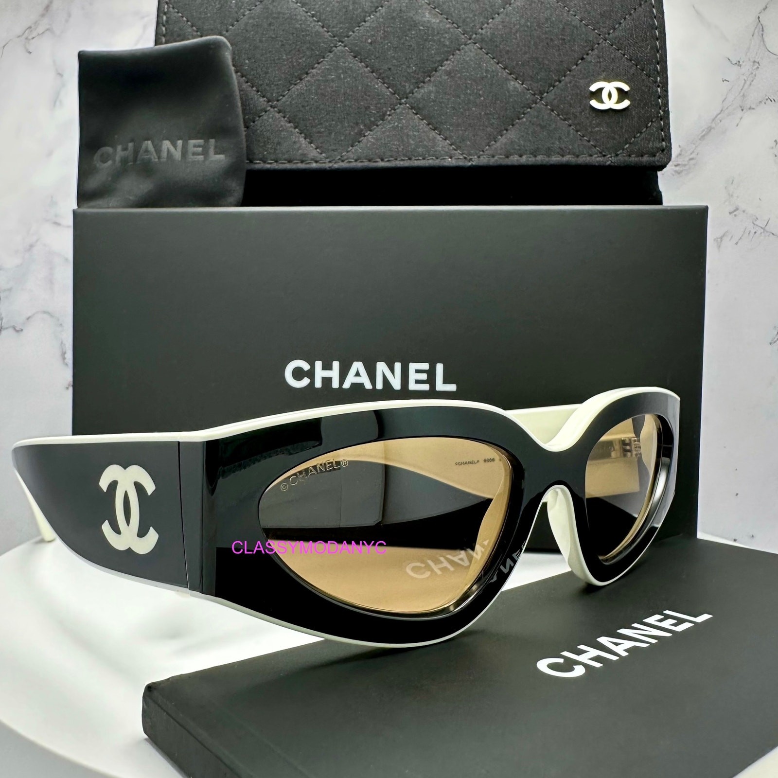 New CHANEL Black White Cat Eye Sunglasses CC Logo Italy Limited Edition CH6056-image