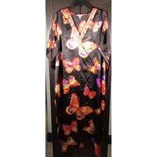 Winlar Butterfly Print Kaftan Lounger Black Satin V-Neck Kimono Maxi Robe OS
