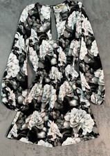 Show Me Your Mumu Women’s Dress Black White Floral Bell Sleeve Faux Wrap Sz Sm